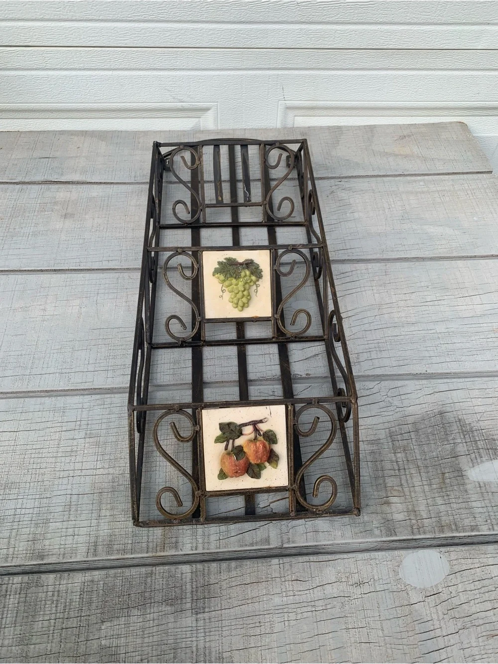 Vintage Wrought Iron Wall Rack 3 Tier Shelf Fruit Tile Mail Magazine Organizer